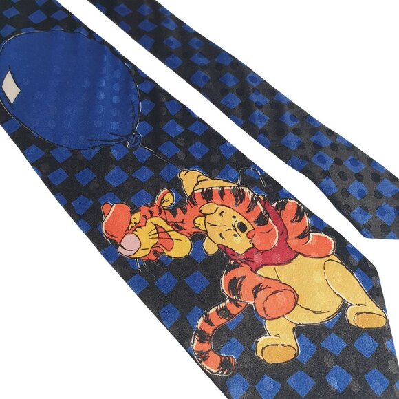 Pooh Necktie Blue Black Checkered Tie Winnie Tigger Balloon Disney Novelty Gift - Picture 2 of 5